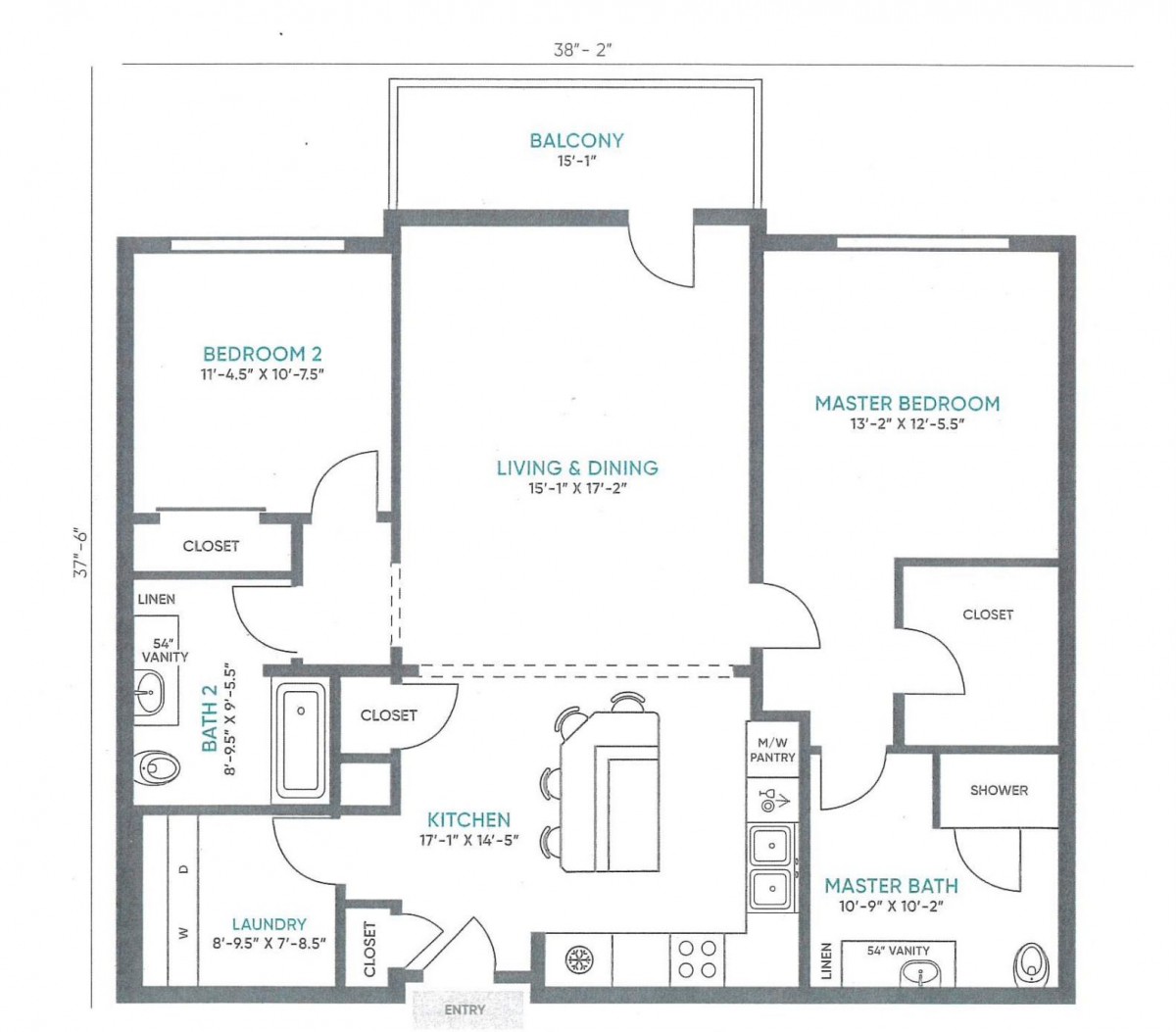 Two-bedroom apartment floor plan with living room and kitchen.