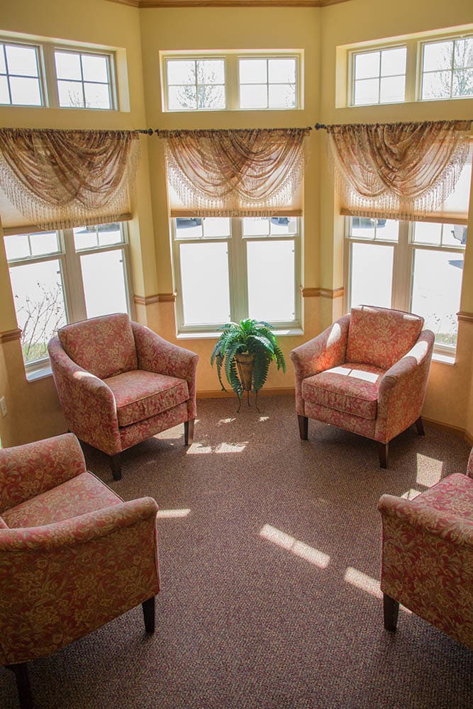 A cozy sitting area with four armchairs arranged around a central plant, bathed in sunlight from large windows.