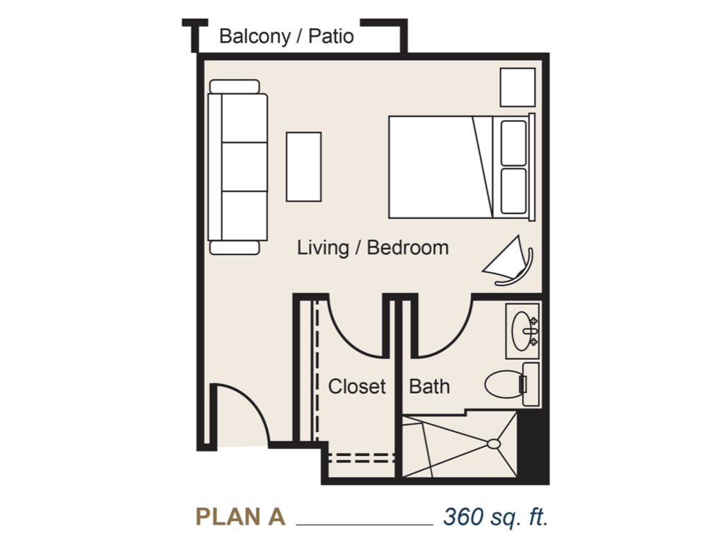 A floor plan for a 360 sq. ft. studio apartment featuring a combined living and bedroom area, closet, bathroom, and balcony.