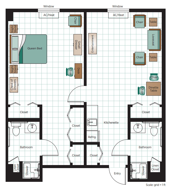 A detailed floor plan of a two-bedroom apartment with separate bathrooms and living areas.