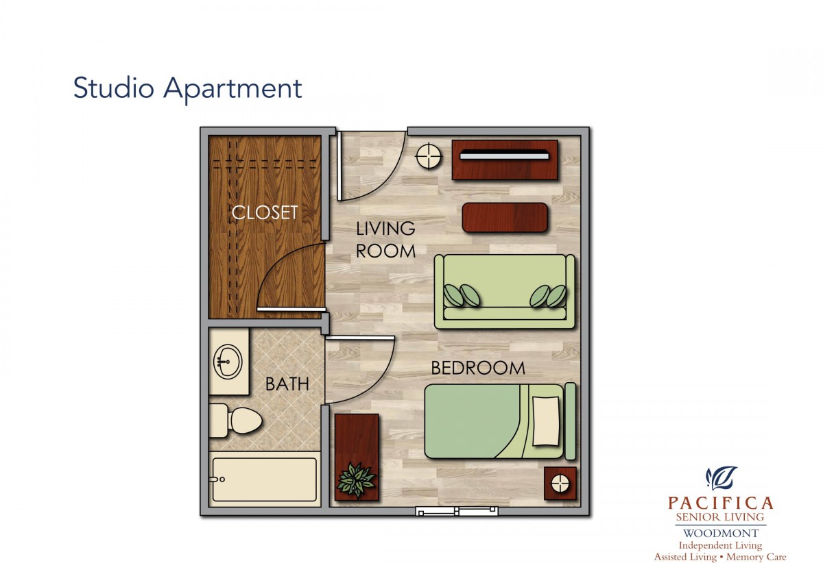 Floor plan of a compact studio apartment with designated living and sleeping areas.