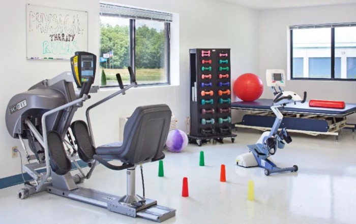 A well-equipped fitness room with various exercise machines, weights, and therapy balls.