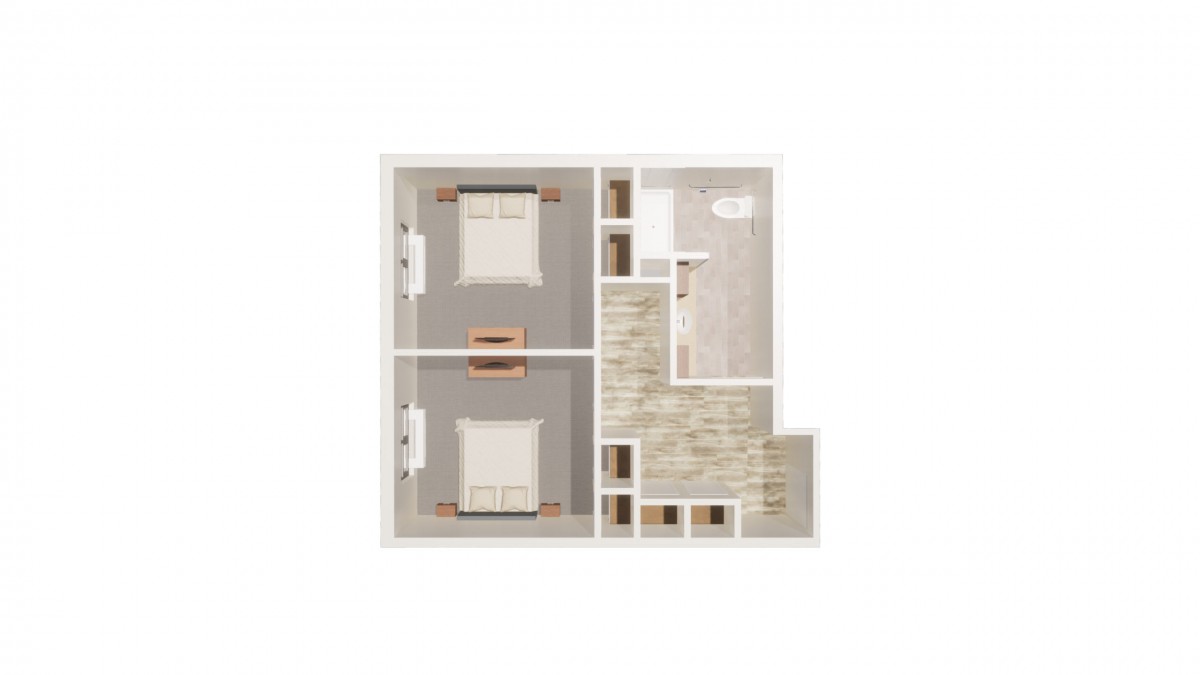 2D floor plan of a small apartment with two bedrooms and a bathroom.