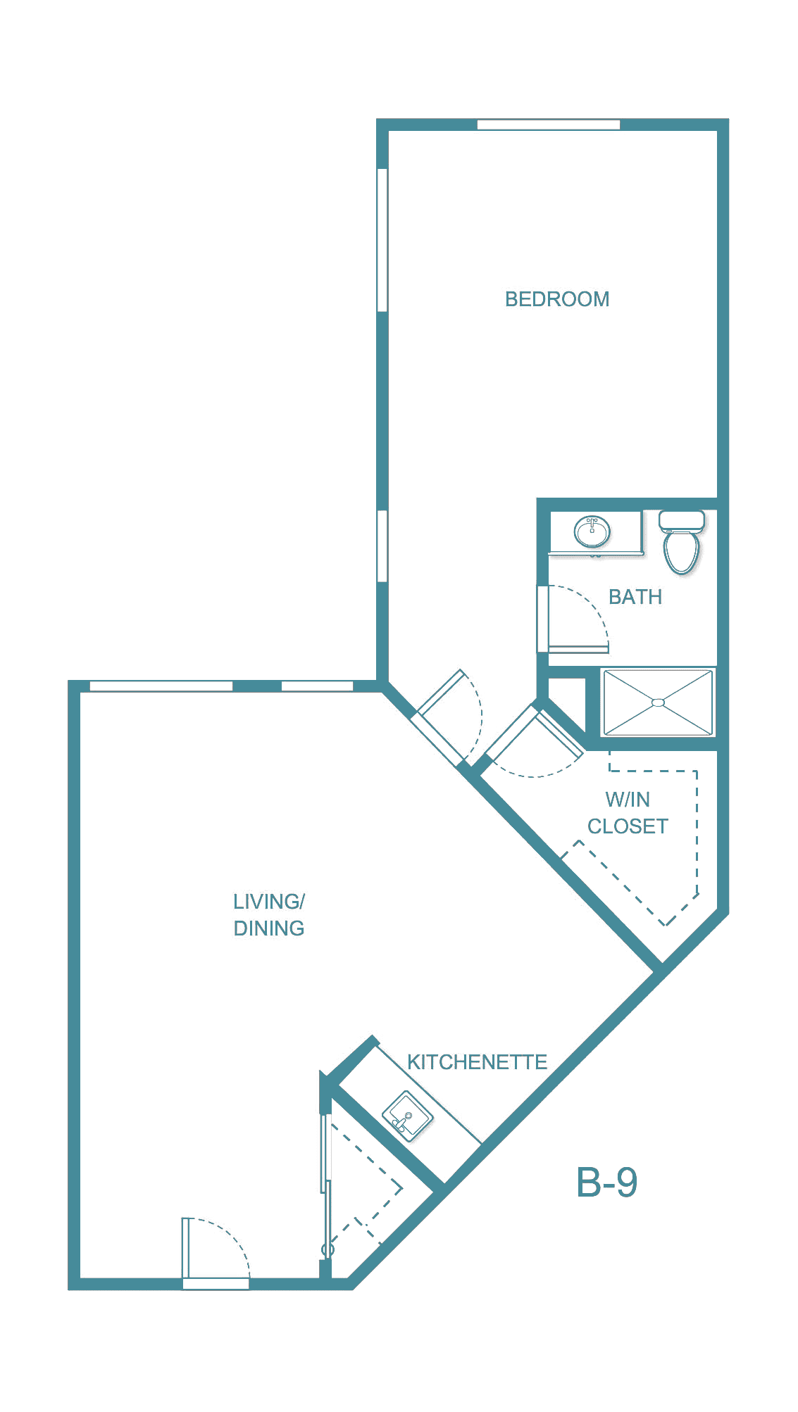 A simple floor plan of a one-bedroom apartment.