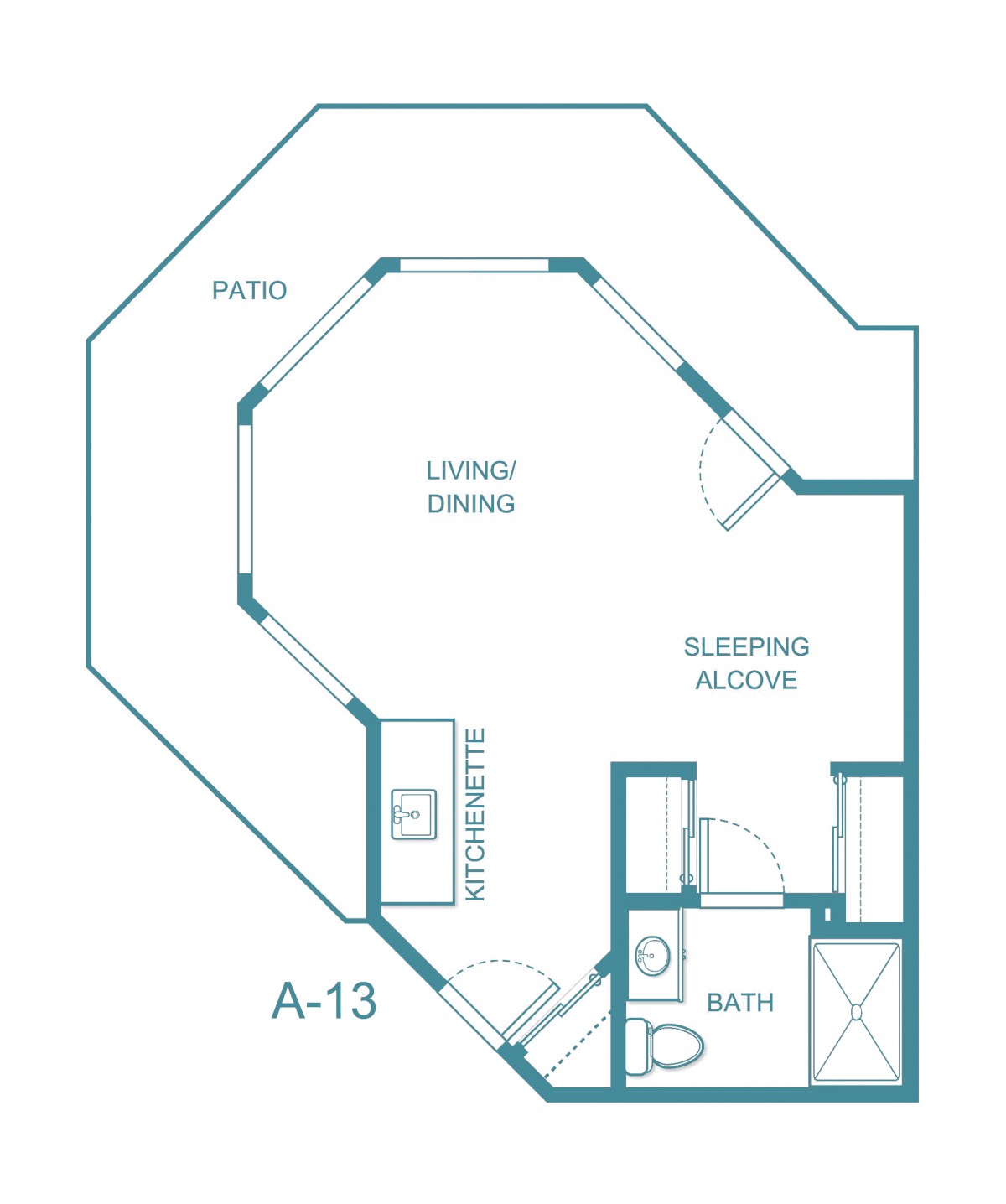 Floor plan of a one-bedroom apartment with a patio.