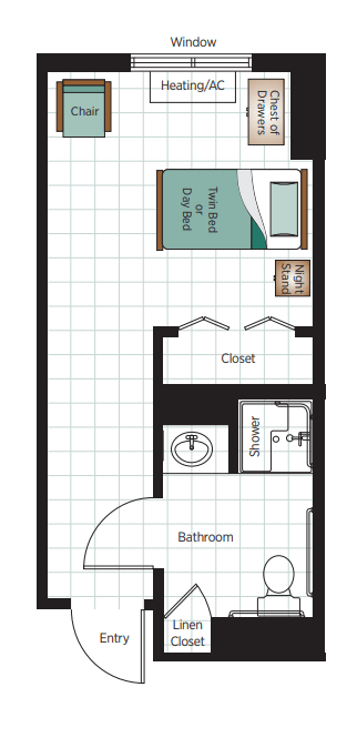 A simple floor plan showing a layout of a bedroom, bathroom, and closet.