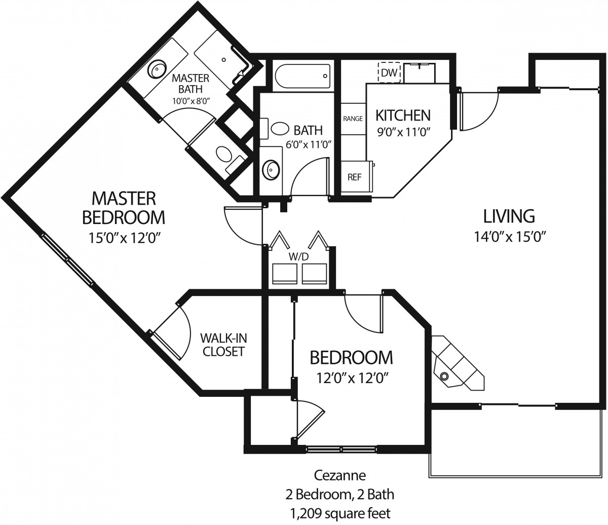 A floor plan of a two-bedroom, two-bathroom apartment with designated areas for the master bedroom, kitchen, living room, and dining.