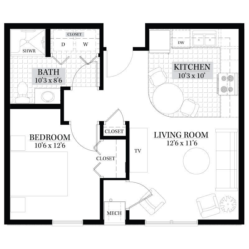 One-bedroom apartment floor plan with living room, kitchen, and bathroom.