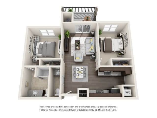 A 3D rendered floor plan of a modern two-bedroom apartment featuring an open living area, kitchen, and balcony.