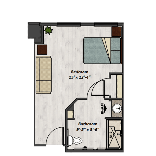 A floor plan of a studio apartment featuring a combined bedroom and living area, along with a bathroom.