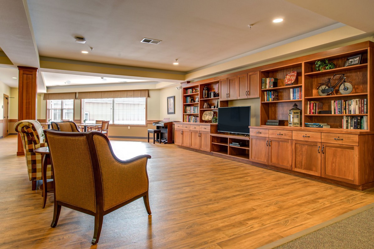 A spacious and cozy living room with wooden floors, built-in bookshelves, and a large television.