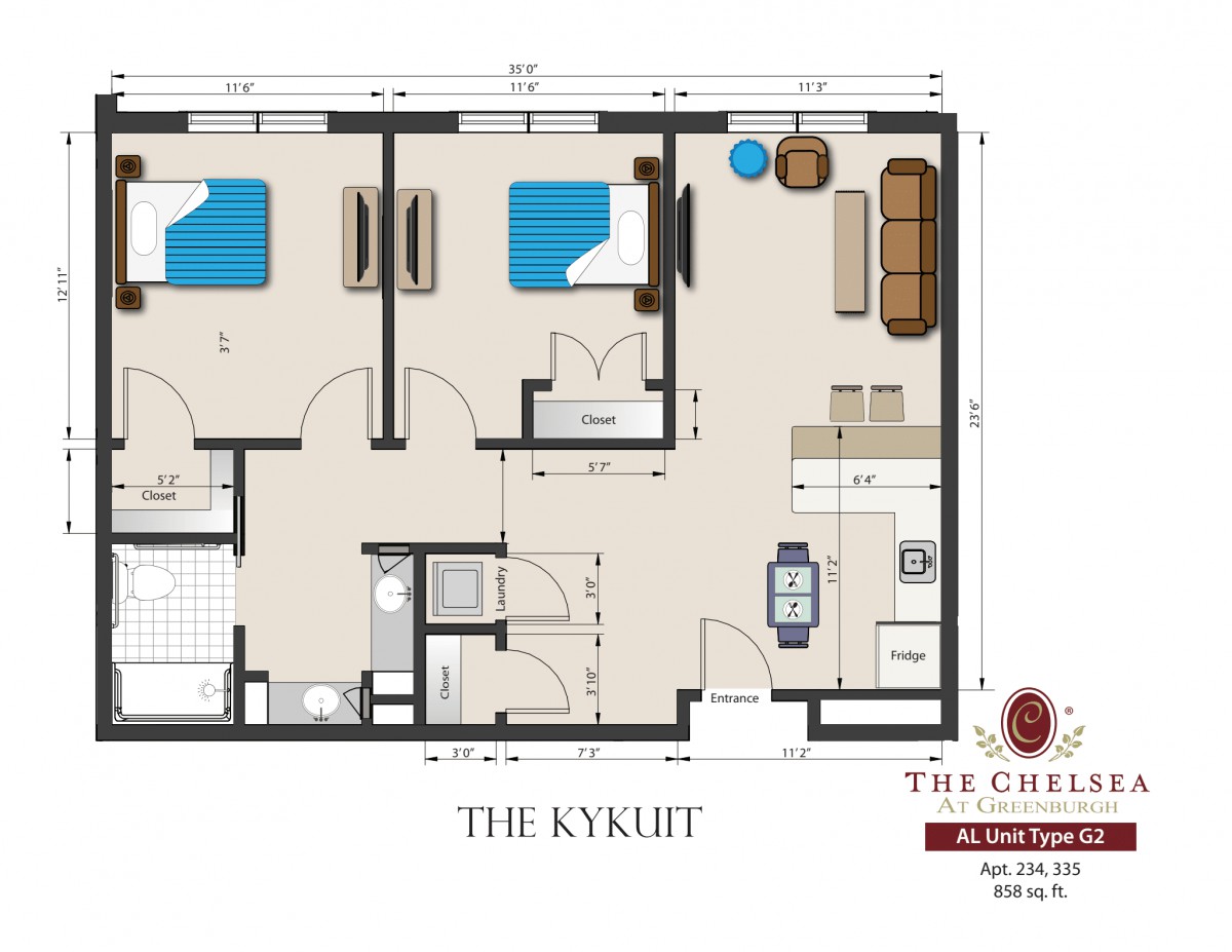 A detailed floor plan of a two-bedroom apartment named 'The Kykuit'.