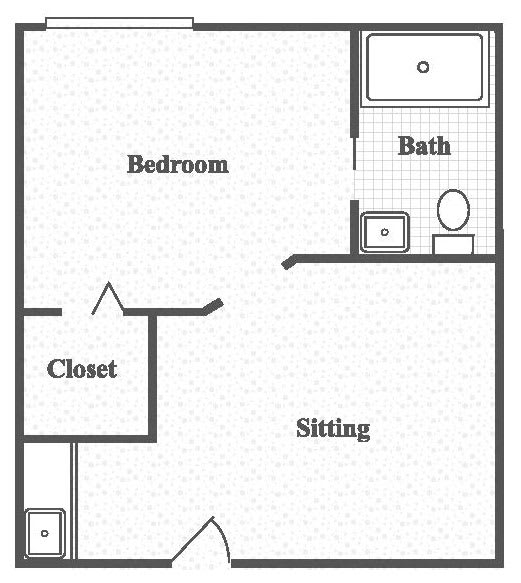 A simple floor plan featuring a bedroom, bathroom, closet, and sitting area.