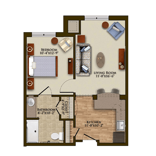 A one-bedroom apartment floor plan featuring a living room, kitchen, and bathroom.