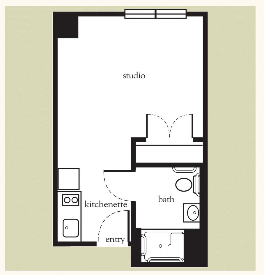 A floor plan of a studio apartment, featuring a kitchenette, an entryway, and a bathroom.