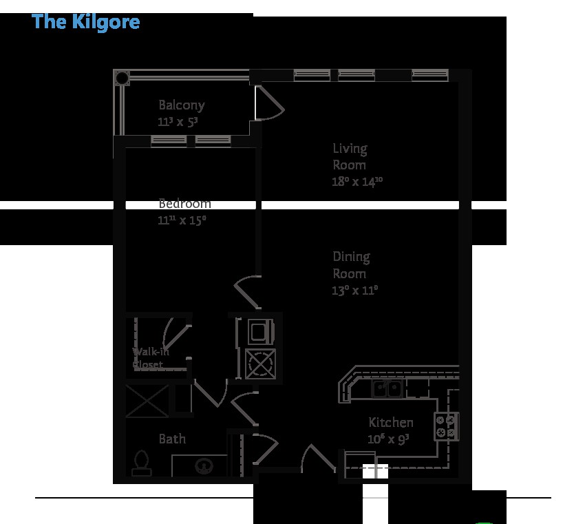 A detailed floor plan of an apartment layout named 'The Kilgore', showing room sizes and arrangement.