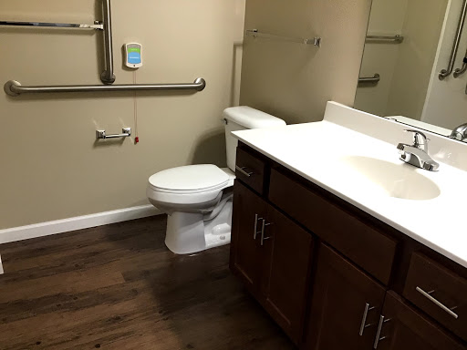 A clean and accessible bathroom featuring a toilet, sink, and grab bars.