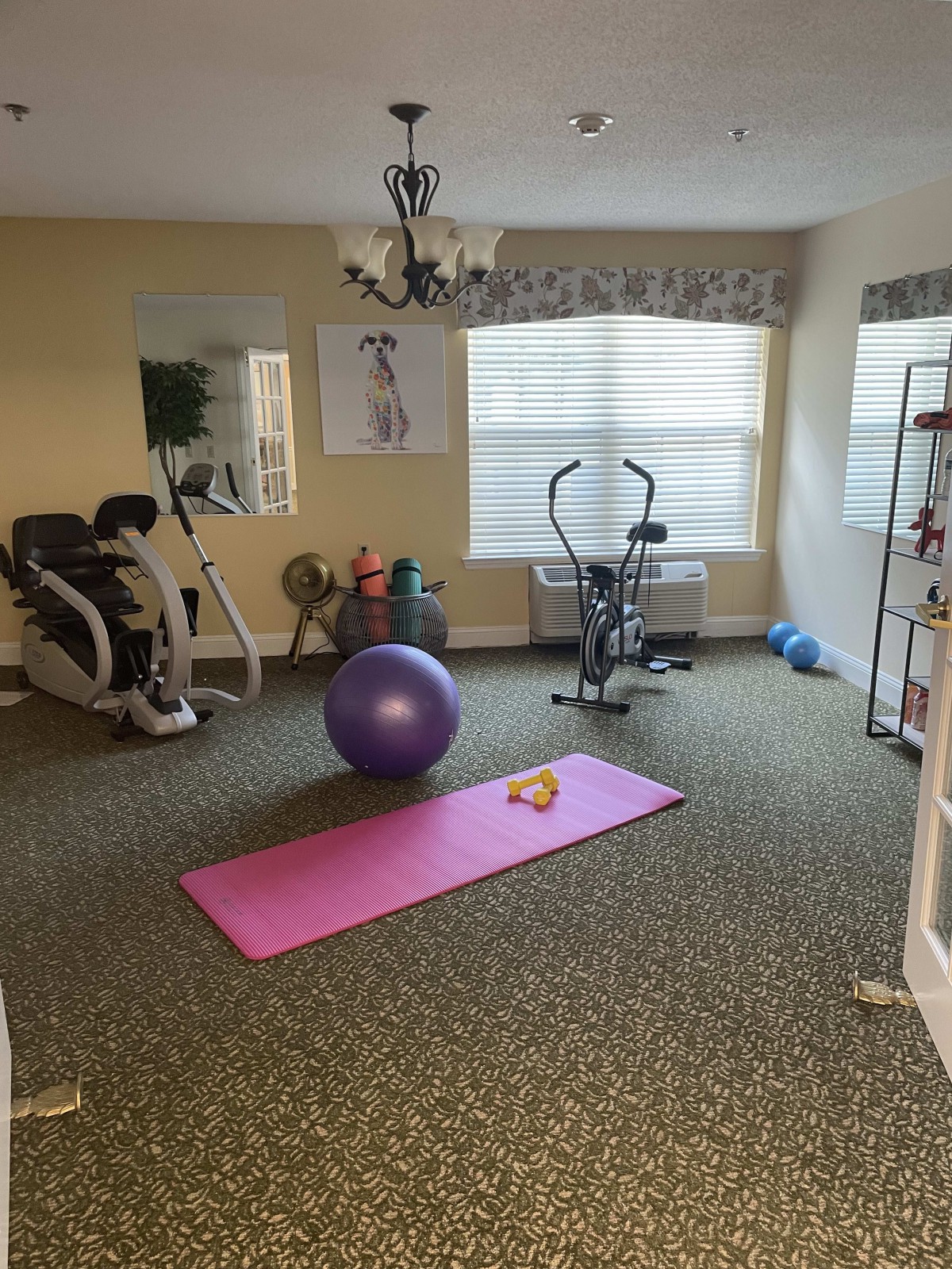 A cozy home gym setup with various exercise equipment, including a yoga mat and fitness ball.