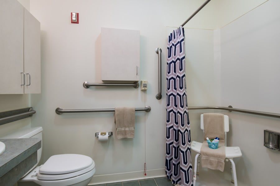 An accessible bathroom with grab bars, a shower chair, and patterned shower curtain.