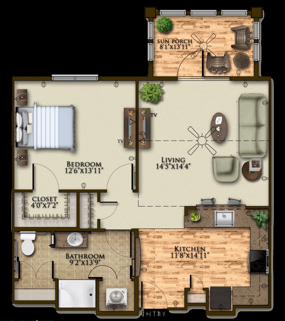 A detailed floor plan of a one-bedroom apartment featuring a living room, kitchen, bedroom, and bathroom.
