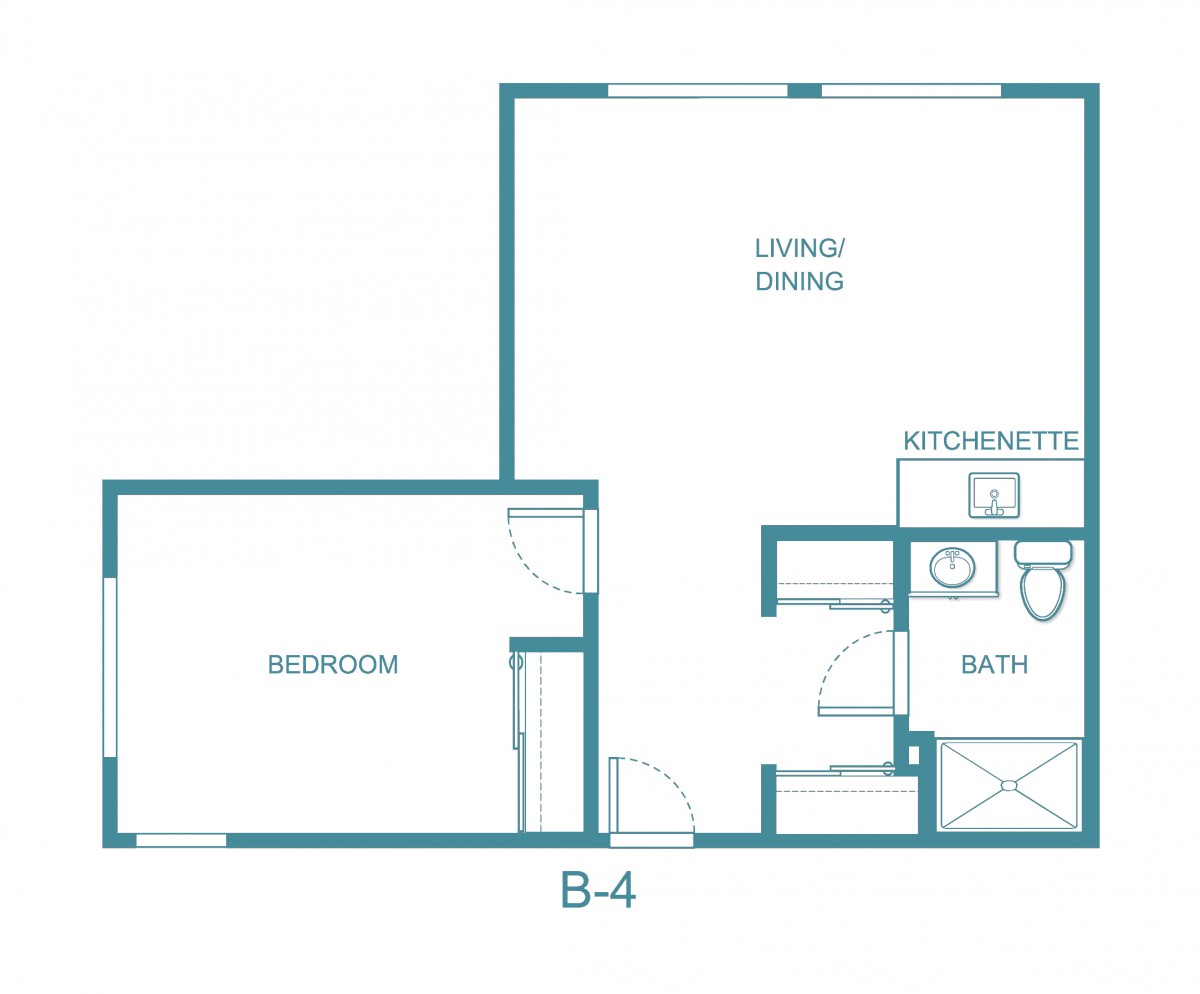 A floor plan of a one-bedroom apartment featuring a living/dining area, kitchen, and bathroom.