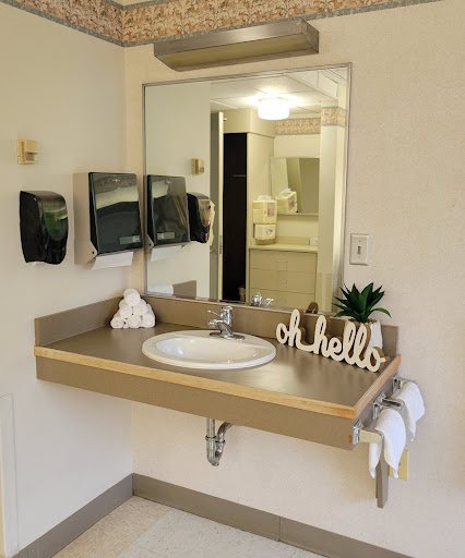 A neatly organized bathroom sink area with decorative elements.