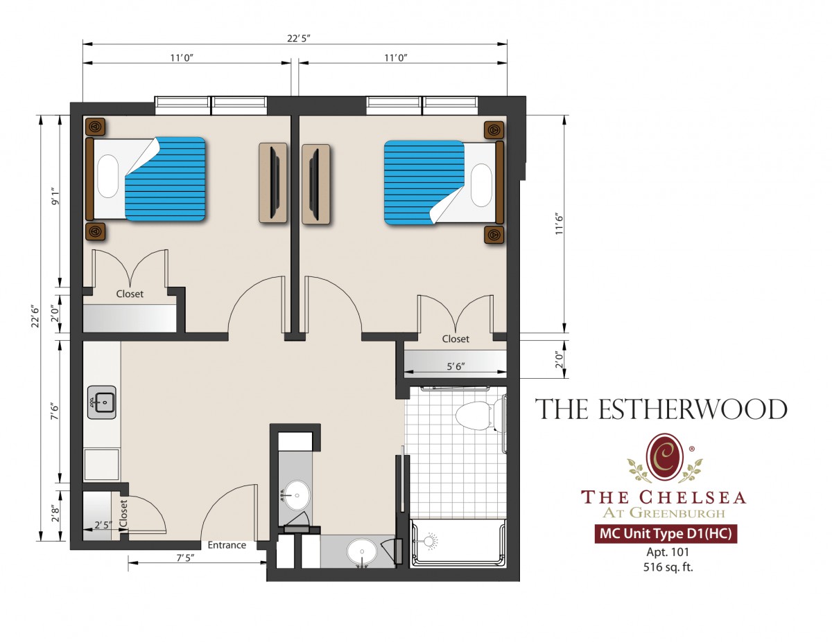 Floor plan of a two-bedroom apartment at The Estherway, The Chelsea.