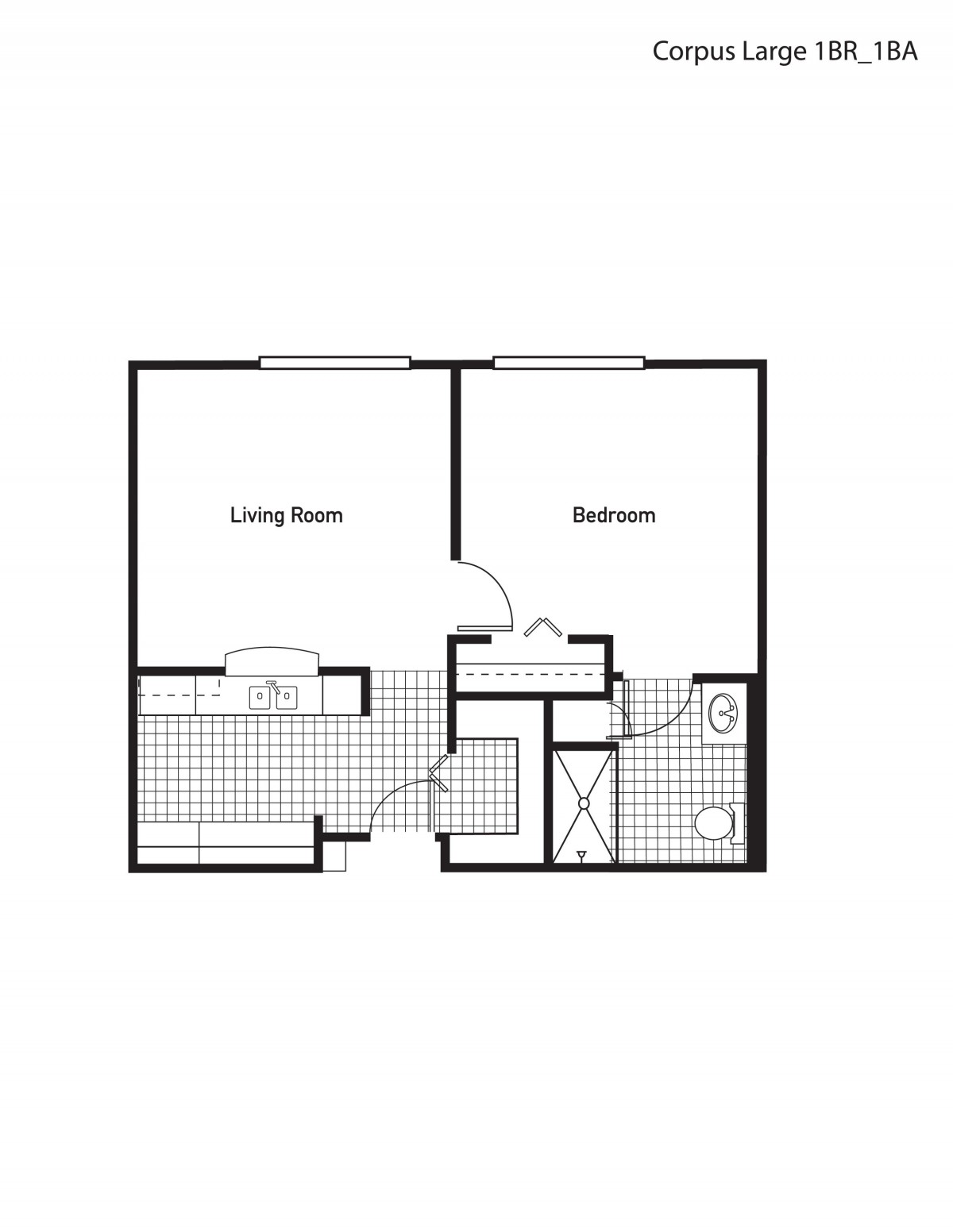 A simple floor plan depicting a living room and bathroom.