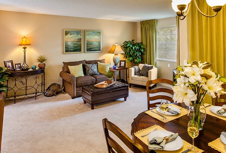 A cozy living and dining space with comfortable seating and warm decor.