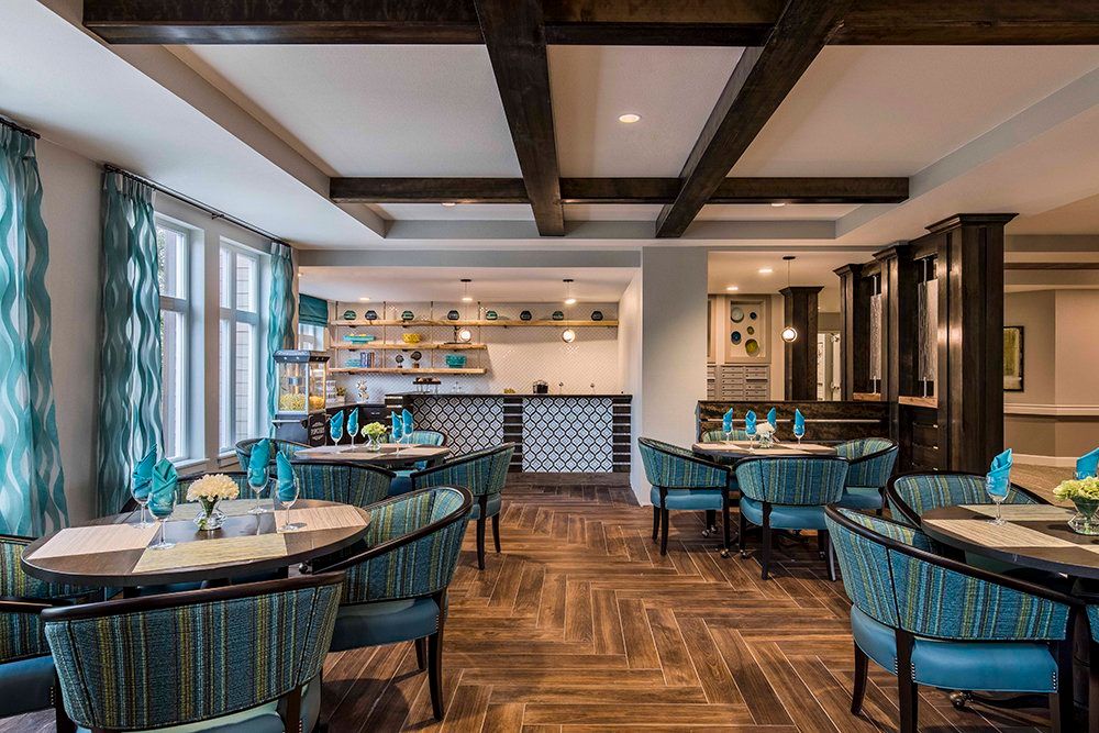 A modern restaurant dining area with stylish seating and decor.
