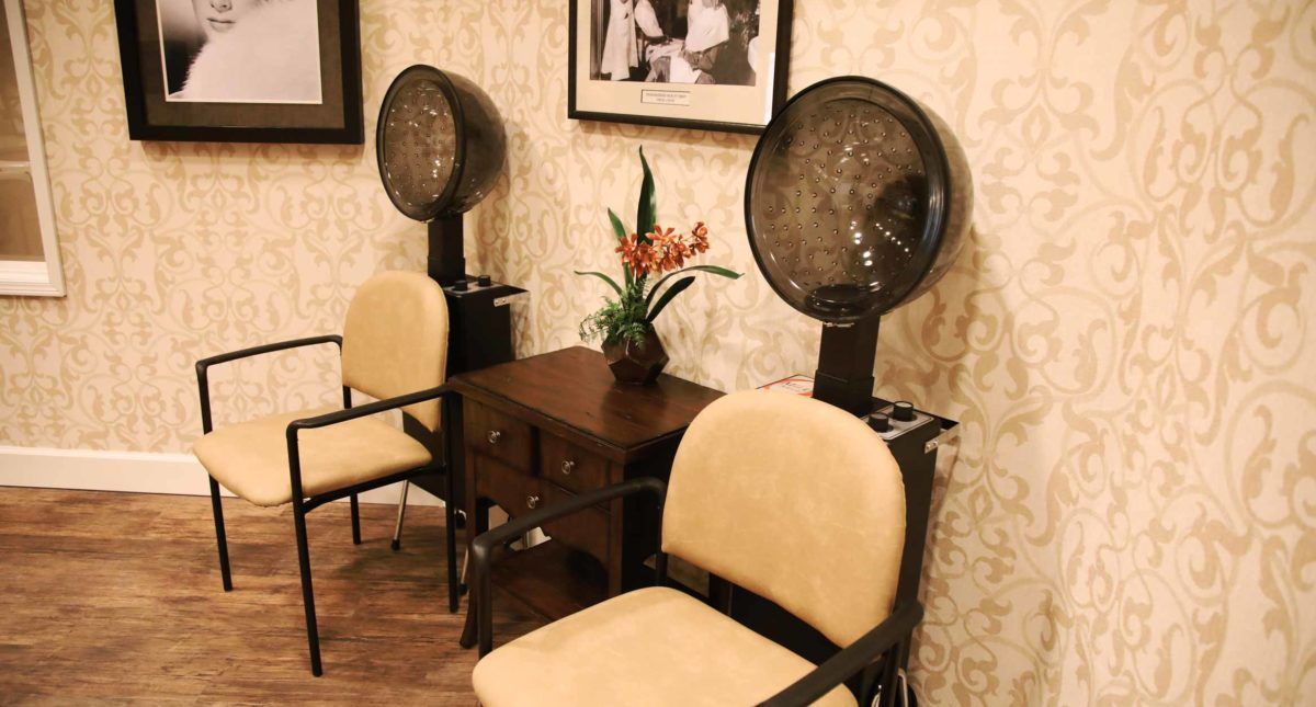 A vintage salon setup with two hair dryer chairs and a small table adorned with a plant.