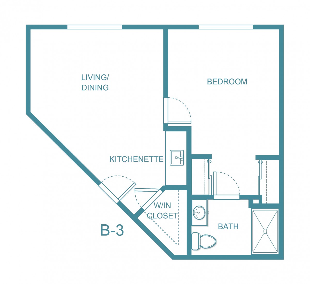 Compact apartment floor plan with living area, bedroom, kitchenette, and bathroom.