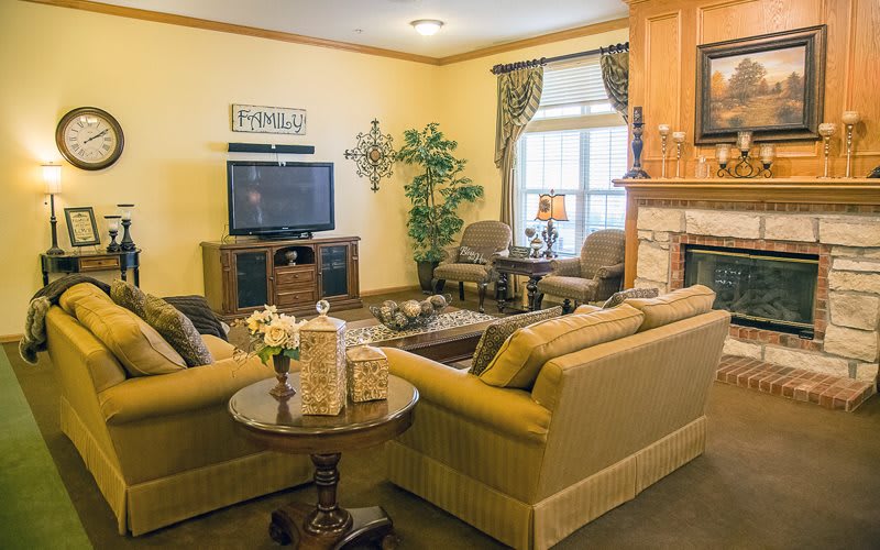 A cozy living room with comfortable seating, a television, and a fireplace.