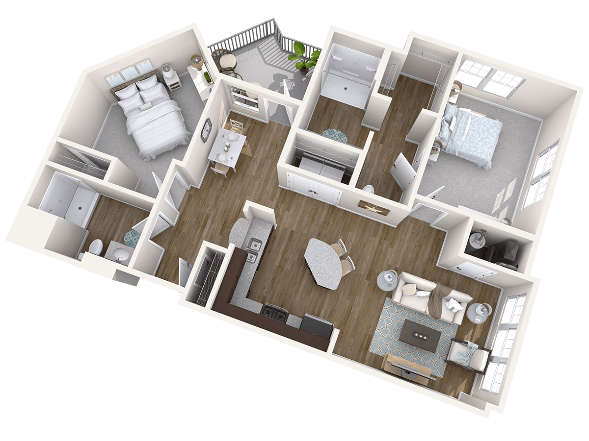 A 3D rendering of an apartment floor plan showcasing two bedrooms, a bathroom, a kitchen, and a living room.