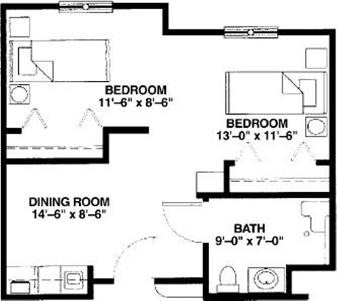 A detailed floor plan showing the layout of a house with two bedrooms, dining room, and bathroom.