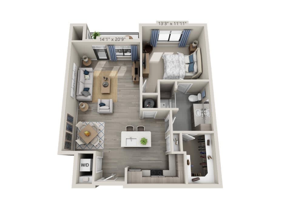 3D rendering of a modern 1-bedroom apartment floor plan with an open concept living area and kitchen island.