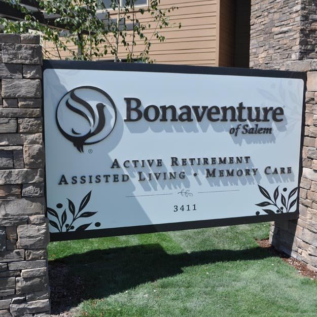 A sign for Bonaventure of Salem, indicating it as a facility for active retirement, assisted living, and memory care.