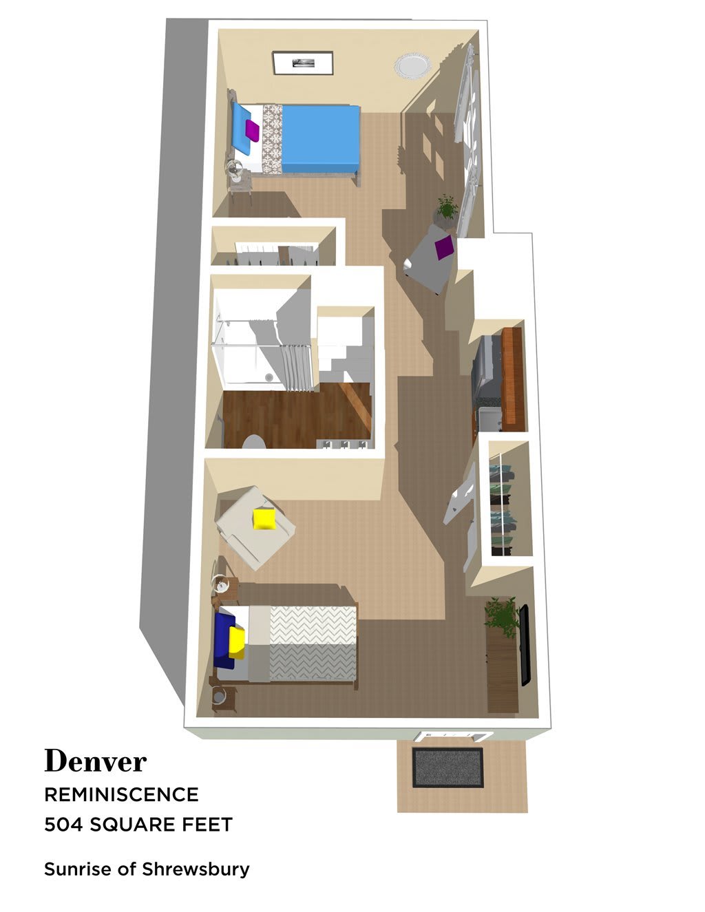 A 3D model of an apartment floor plan showing various rooms and furniture placements.
