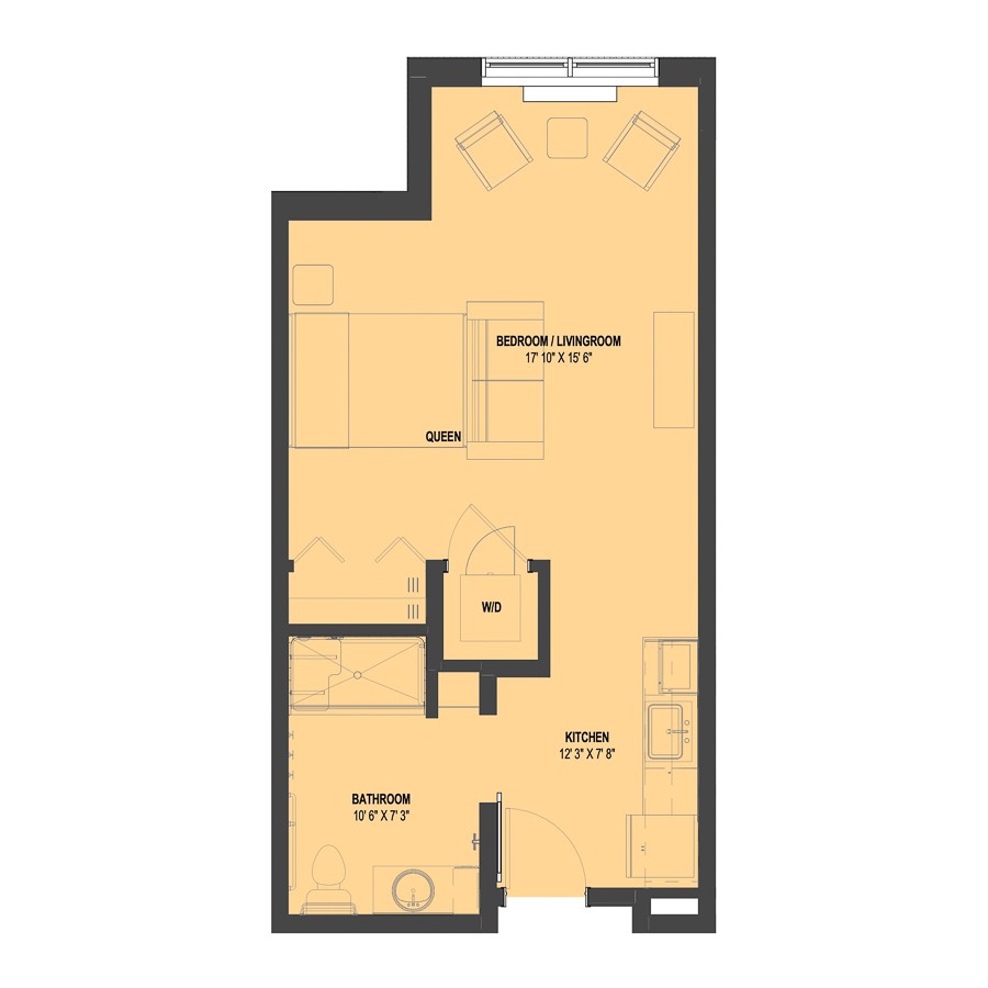 Studio apartment floor plan with designated areas for living, sleeping, and kitchen.