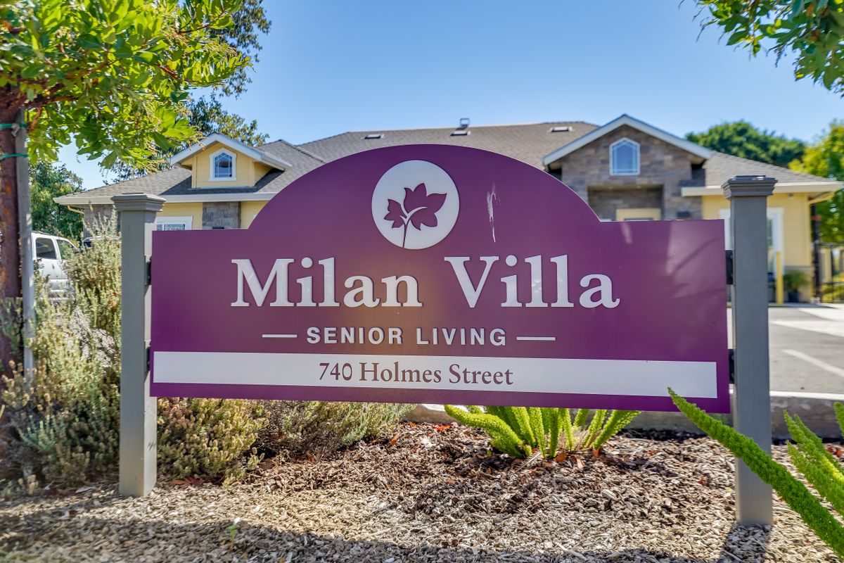 Sign for Milan Villa Senior Living located at 740 Elmhurst Street.