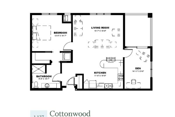 A floor plan of an apartment labeled 'Cottonwood', featuring a bedroom, living room, kitchen, bathroom, and den.