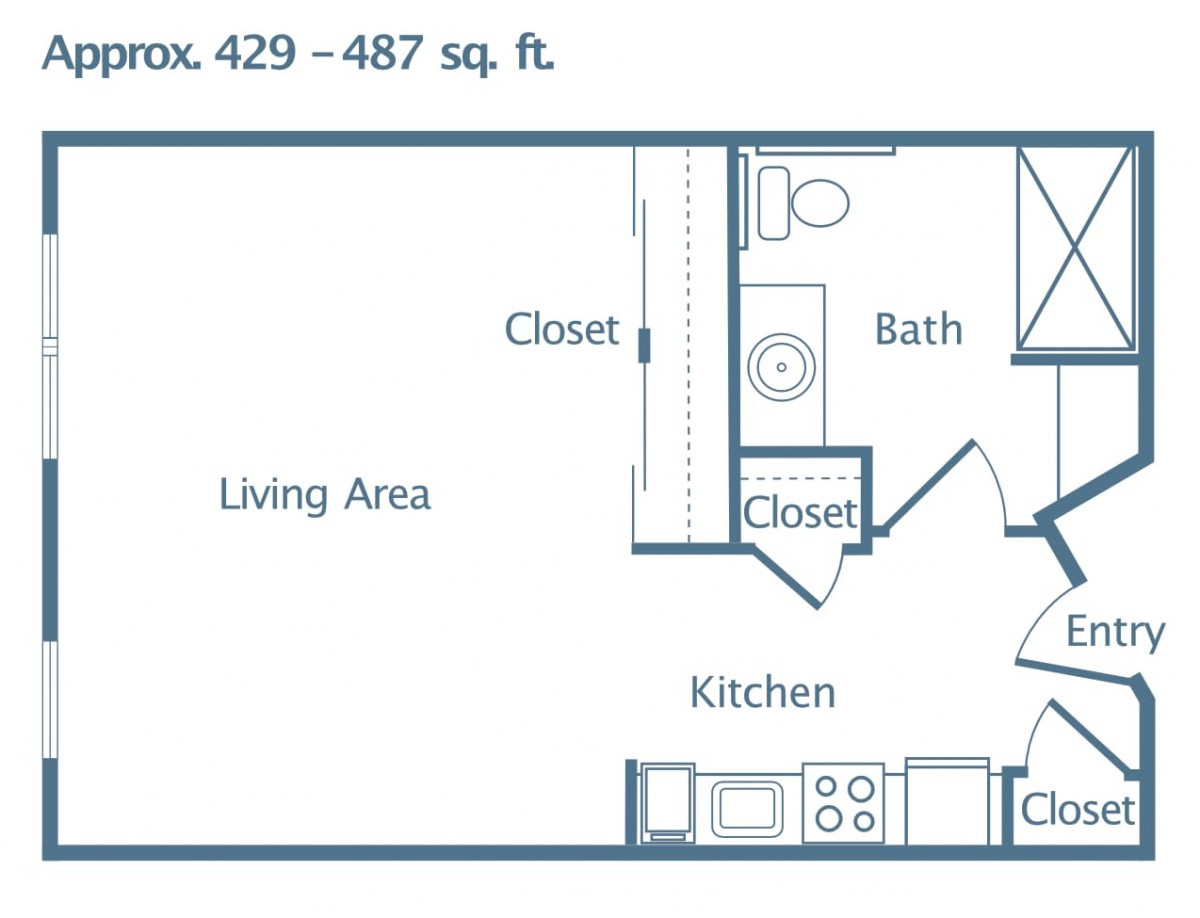 Studio apartment floor plan with an approximate area of 429-487 square feet, featuring a kitchen, bathroom, living area, and closets.