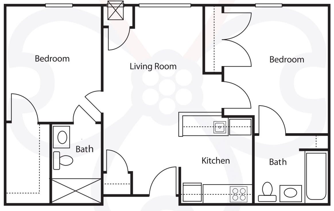A floor plan of an apartment featuring a living room, kitchen, bathroom, and multiple entryways.