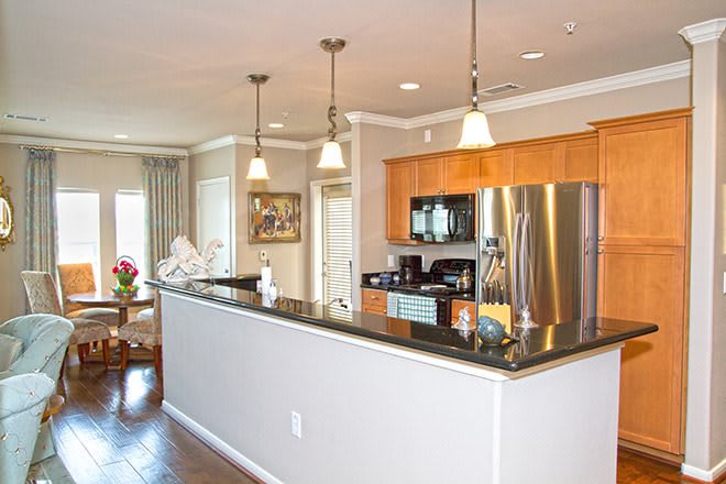 A modern kitchen with stainless steel appliances and pendant lighting in an open layout.