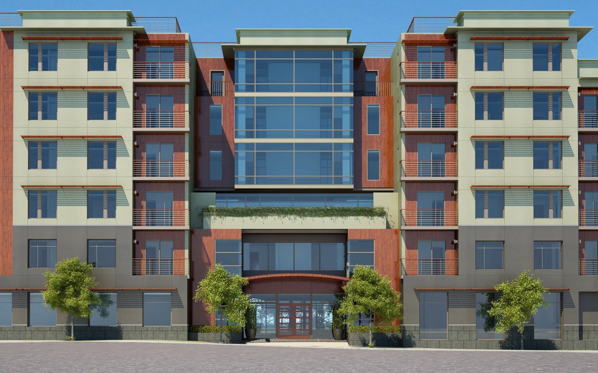 A modern residential building with a sleek glass facade and contemporary architectural design.