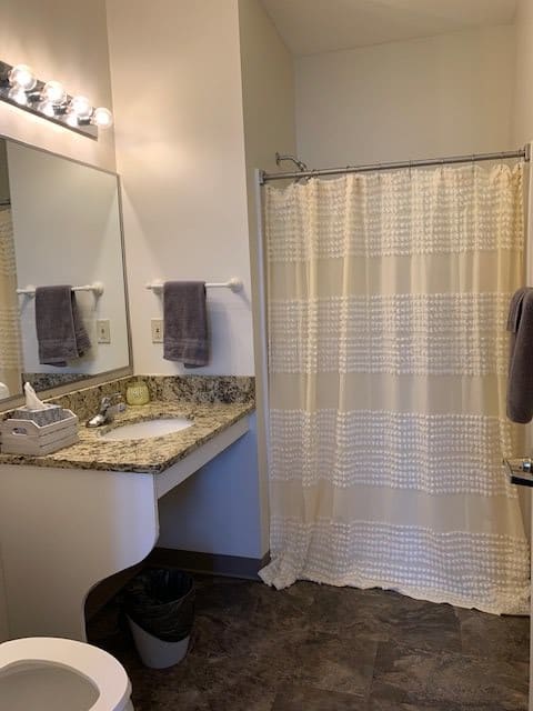 A bathroom featuring a large mirror, countertop sink, and a shower with a striped curtain.