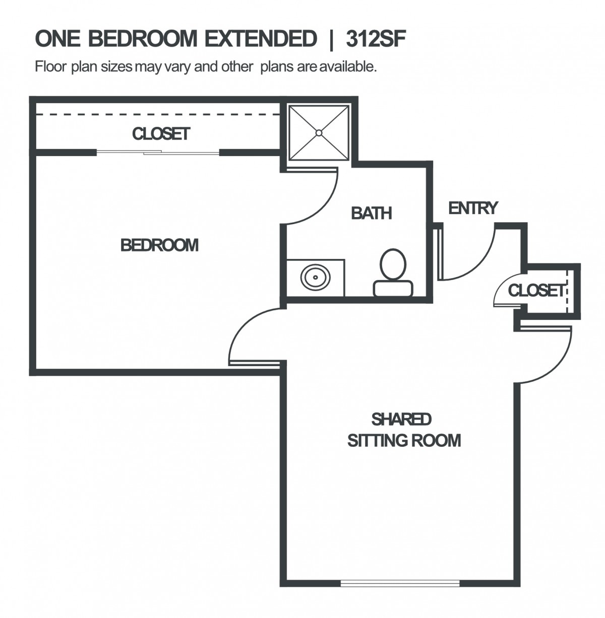 One-bedroom extended apartment floor plan with 312 SF.