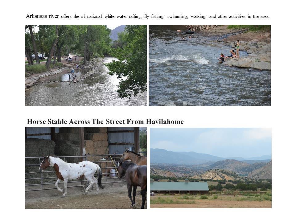 Scenes of outdoor activities and serene landscapes including a river, horses, and stables.