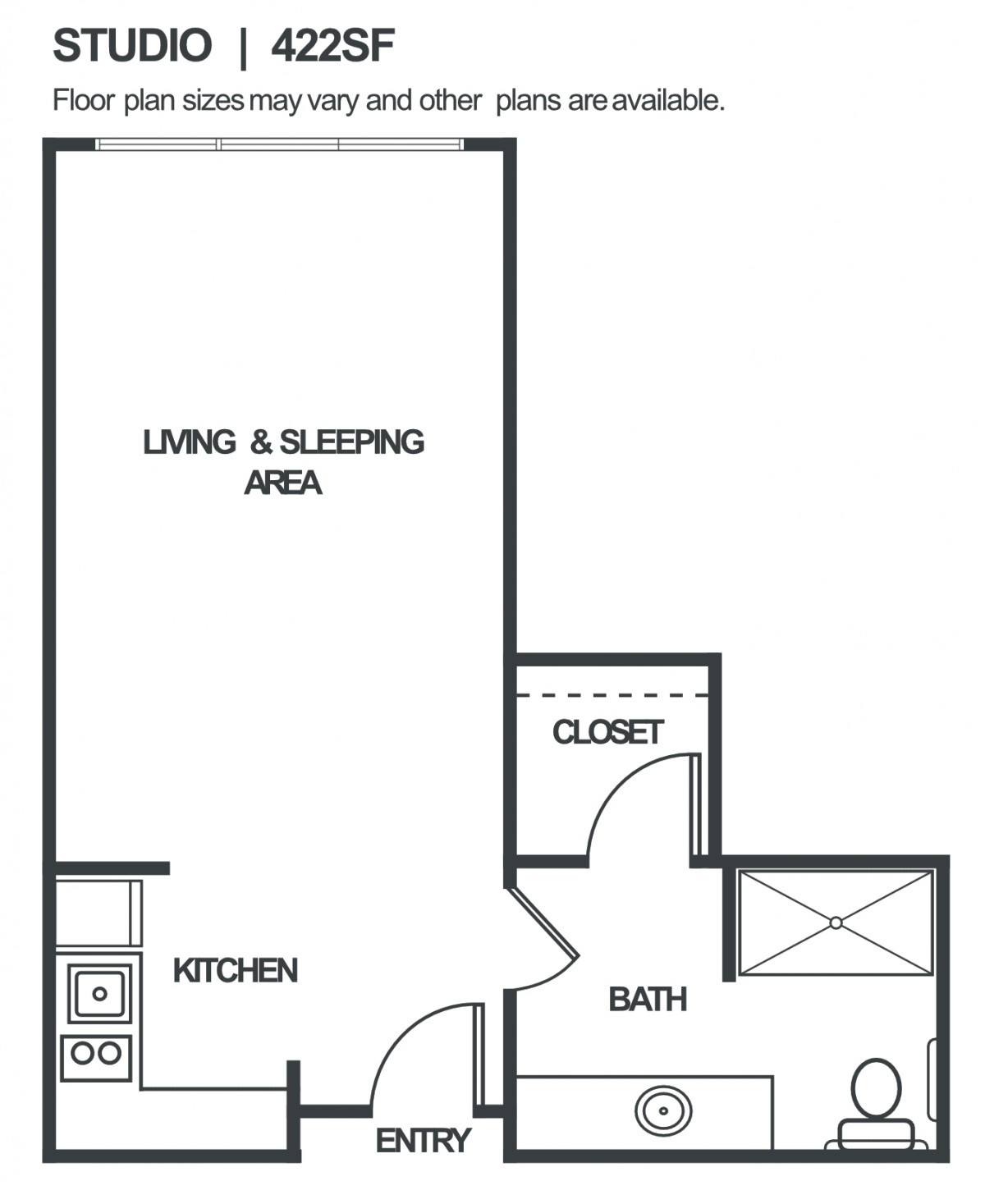 Studio apartment floor plan showing the layout with a living and sleeping area, kitchen, bathroom, and closet.