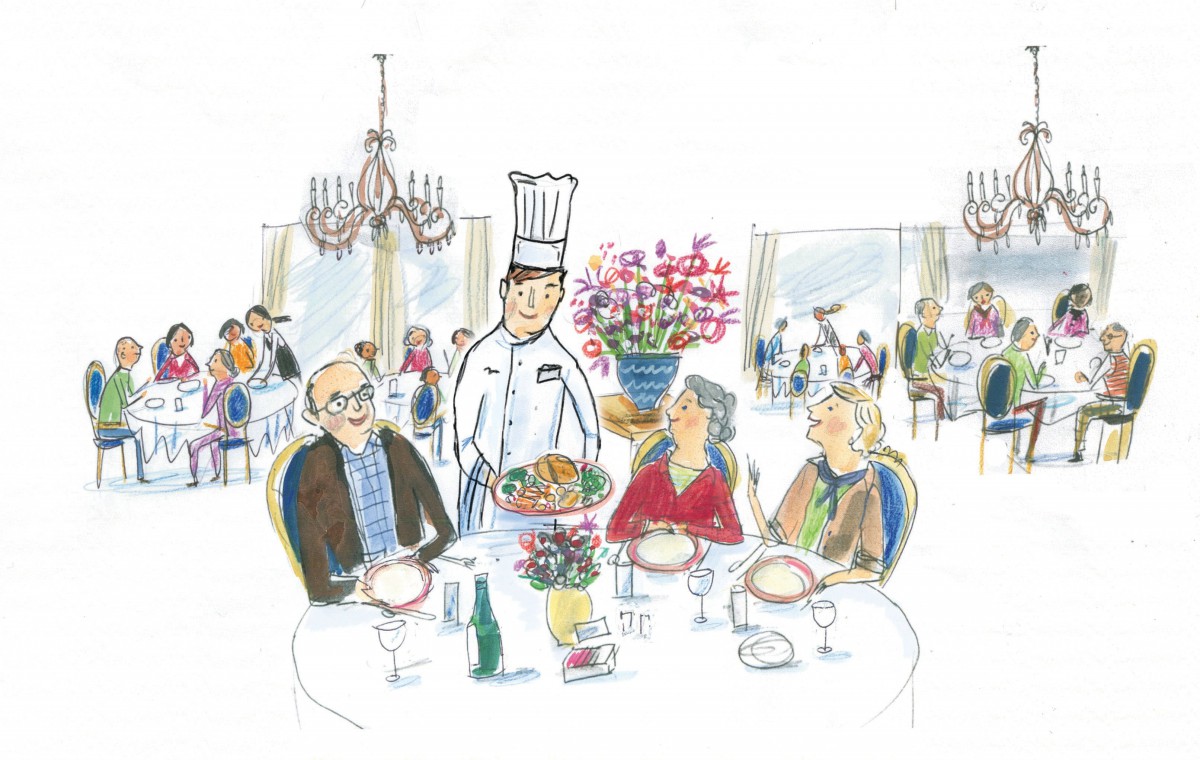 An illustration of a chef presenting a dish to three guests in an elegant restaurant setting.